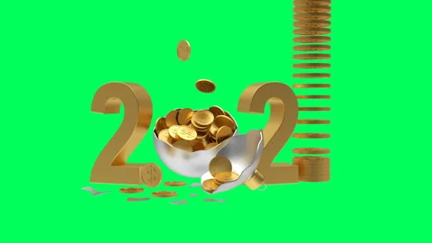 3D animation of 2021 with falling coins and Christmas ball on green screen. 4K Stock Footage 143218997