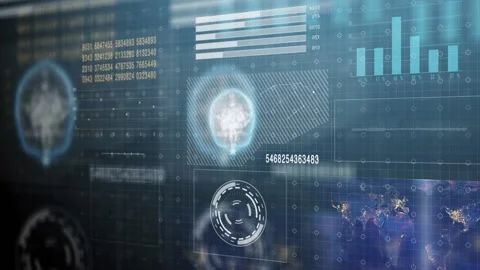 3D animation of 2D  graphics, graphs and charts across a screen showing data Stock Footage 108271834