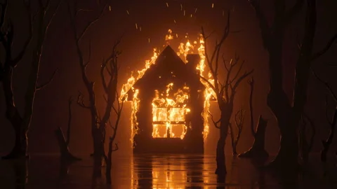 3d animation, abstract black background with burning house and trees on fire. Stock Footage 207871473