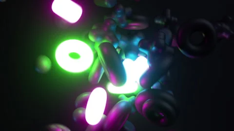 3d animation, abstract black background with assorted geometric shapes glowing Stock Footage 216767411