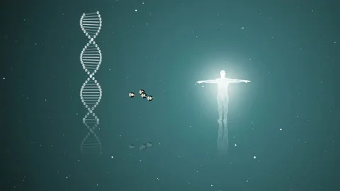 3D animation of abstract DNA and human hologrm illuminating over blue background Stock Footage 132845716