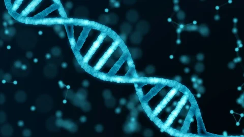 3D animation of abstract DNA on a dark backdrop with flying particles. Stock Footage 119621393
