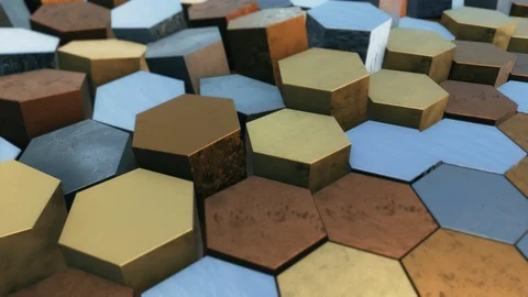 3D animation of abstract floating hexagons in metallic colors. 4k 3D animation. Stock Footage 101751454