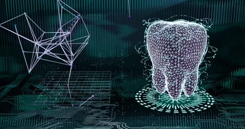 3D animation abstract low-poly digital tooth skeleton with neon illumination Stock Footage 307941143