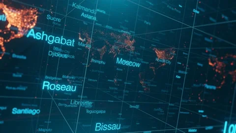 3D animation of an abstract space with a world map and all the world's capitals. Stock Footage 137813936