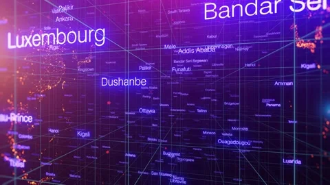 3D animation abstract space with a world map and all the world's capitals. Stock Footage 138037966