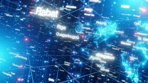 3D animation of an abstract space with a world map and all the world's capitals. Stock Footage 154900695