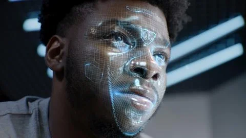 3D animation of AI virtual face scanning of African American man 스톡 사진