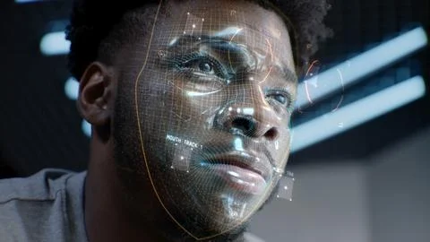 3D animation of AI virtual face scanning of African American man 스톡 사진