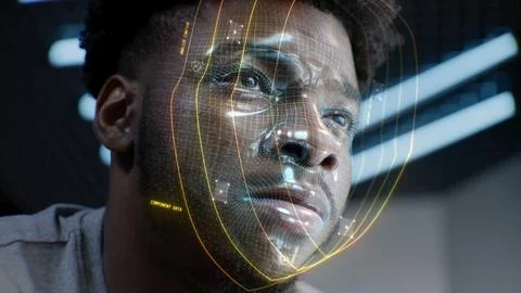 3D animation of AI virtual face scanning of African American man Stock Photos