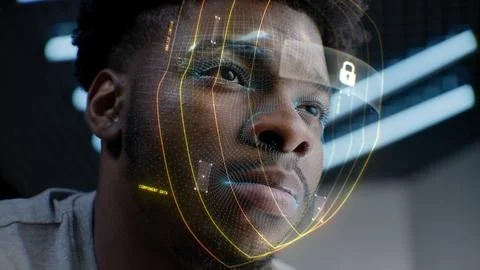 3D animation of AI virtual face scanning of African American man Stock Photos
