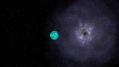 3D animation, alien blue planet is sucked in by a wormhole and explodes in it Stock Footage 168375636
