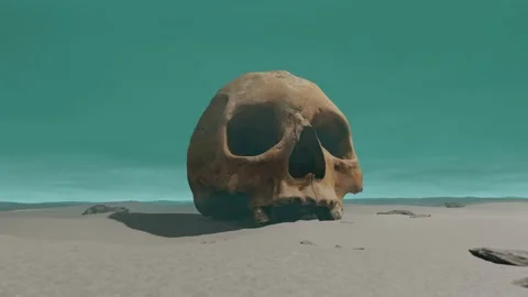 3D animation of ancient human skull lying in sand, CGI desert environment Stock Footage 202266091
