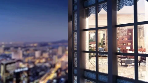3d animation of apartment window overlooking night city Video stock 73536407
