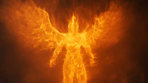 3d animation of an archangel or a demon lord built from fire particles Stock Footage 318440891