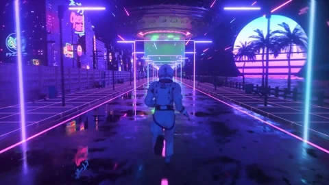 3D Animation Astronaut Running Reflective Street Neon City Sunset 4K Stock Footage 330480234