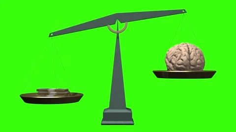 3D animation of balance scales comparing a human brain and stacks of US dolla Stock Footage 327966567