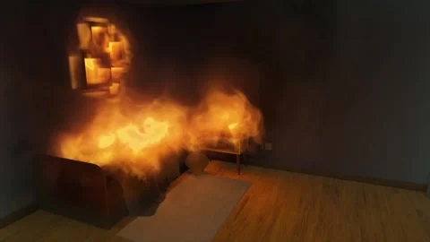 3D animation of a bedroom on fire Stock Footage 328781934