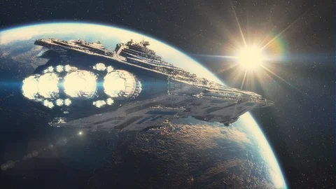 3D animation of big spaceship orbiting around earth in 4K Vídeo Stock 98181618