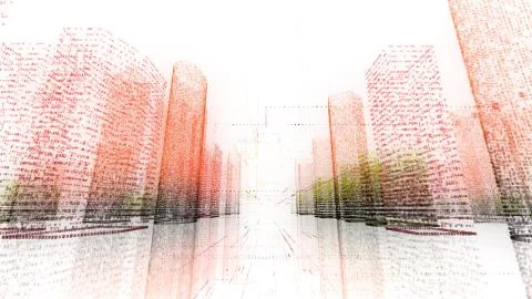 3d animation binary business city wireframe bright building architecture cable Ilustración de archivo