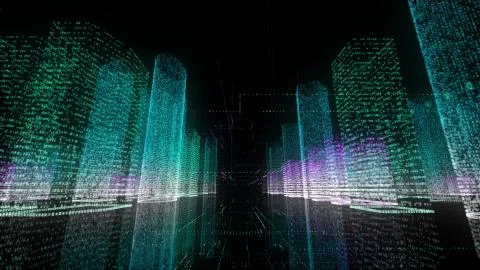 3d animation binary business city wireframe bright building architecture cable Ilustración de archivo