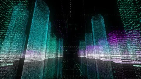 3d animation binary business city wireframe bright building architecture cable Stock Illustration