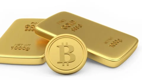 3D animation of bitcoin with gold bars in 4K. Stock Footage 233631932