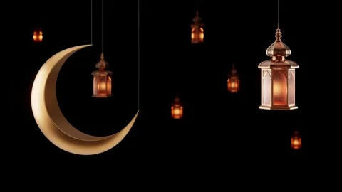 3d animation of black background with a gold crescent moon and many islamic Vídeo Stock 316201522