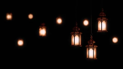 3d animation of black background with many islamic lanterns hanging from the Stockbeeldmateriaal 309764588