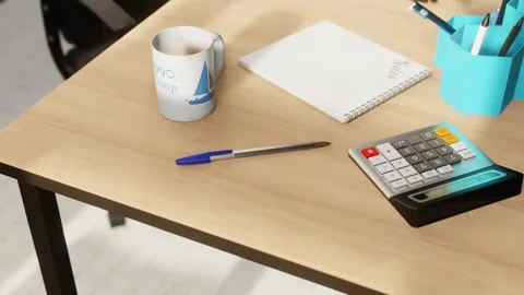 3D animation of a blue BIC pen on a table surrounded by stationery Stock Footage 273539461