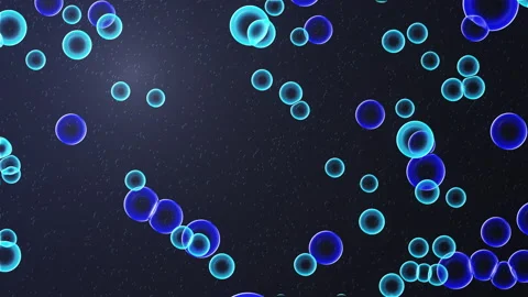 3D animation of blue bubbles rising against a dark background, creating a cal Stockbeeldmateriaal 276497098