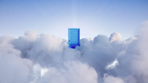 3d animation, blue door opens among the clouds in the sky. Way to eternity Stock Footage 208687486