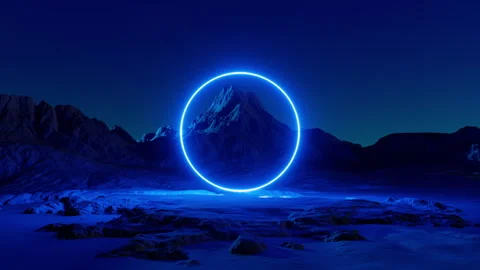 3d animation. Blue neon ring glowing over the futuristic landscape. Stock Footage 282026242