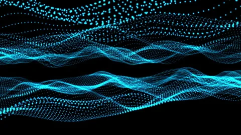 3D animation of blue particles forming a flowing wave pattern against a black Vídeo Stock 276497542