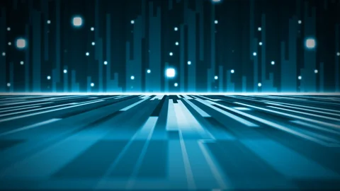 3D animation of blue rectangle bars moving towards the screen with Stock Footage 125612225