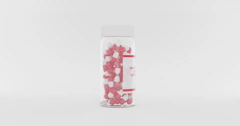 3d animation of bottle with many white and red pills, close up. Medical concept Stock Footage 165239570