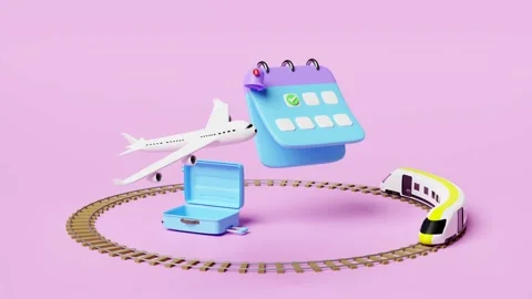 3d animation calendar with suitcase, sky train transport toy 3d, plane, check 库存影片 212380433