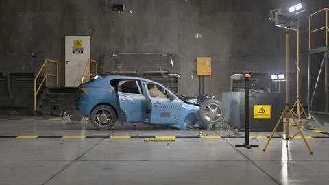 3D animation of car crash test in a lab Stock Illustration