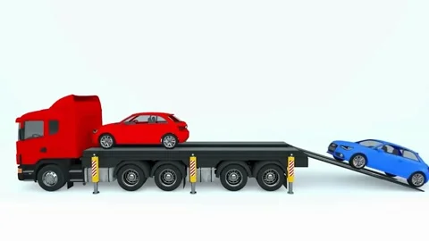 3D Animation Cars Loading onto Red Flatbed Semi-Truck Trailer 4K Vídeos de archivo 333843621