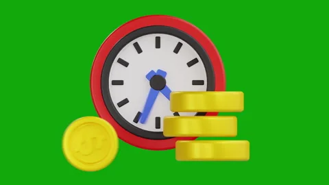 3D Animation of Clock with Stack of Coins, Green Screen Stock Footage 312063902