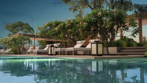 3d animation close shot of beach chairs, lamp &amp; egg flower trees on poolside Stock Footage 132032125