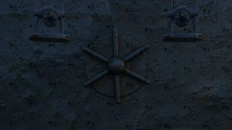 3d animation of closing Iron rusty gateway. Appearing of auto turret (gatling ma Stock Footage 114696440