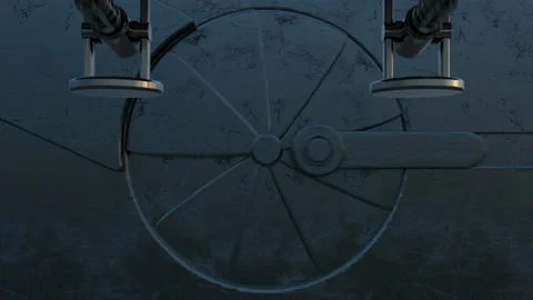 3d animation of closing metallic gateway. Appearing of auto turret (gatling mach Stock Footage 114696209