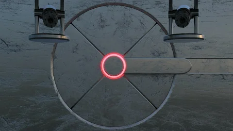 3d animation of closing metallic gateway. Appearing of auto turret (gatling mach Stock Footage 114696414