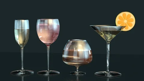 3d animation of cognac, wine, red wine, martini glass lemon slice in row Stock Footage 126782613