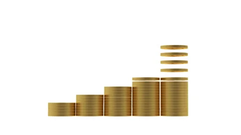 3d animation of coins falling and stacked on a graph.  Alpha channel. 4K Stock Footage 139584533