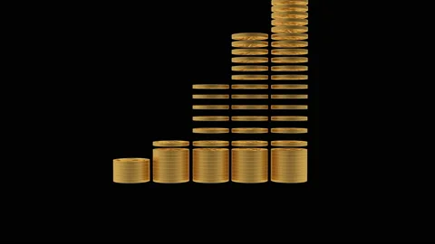 3d animation of coins falling on a graph on black. Alpha channel. 4K Stock Footage 143220835