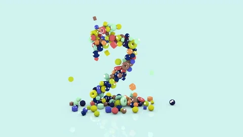 3D animation from colored objects, colorful number two, from falling shapes Stock Footage 219235171