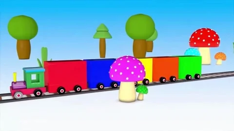 3D Animation of Colorful Toy Train Moving on Railway Track in Cartoon Landscape Stock Footage 345809743