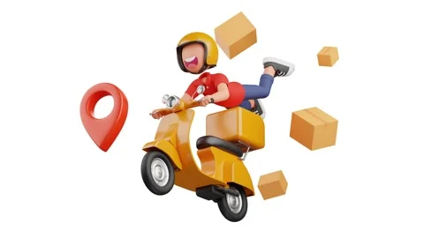 3d animation of a courier flying with yellow motorcycle Stock Footage 222547737